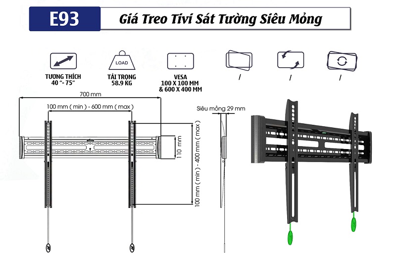 Giá Treo Tivi Sát Tường Siêu Mòng Ergotek E93 40–75 Inch