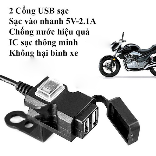 Sạc điện thoại trên xe máy 2 cổng usb 12-24V có công tắc tiện dụng