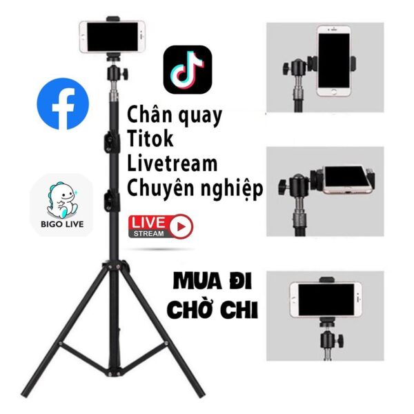 Chân livestream giá đỡ điện thoại 3 chân, tripod cao 2m, chân quay tiktok, chụp ảnh, quay video