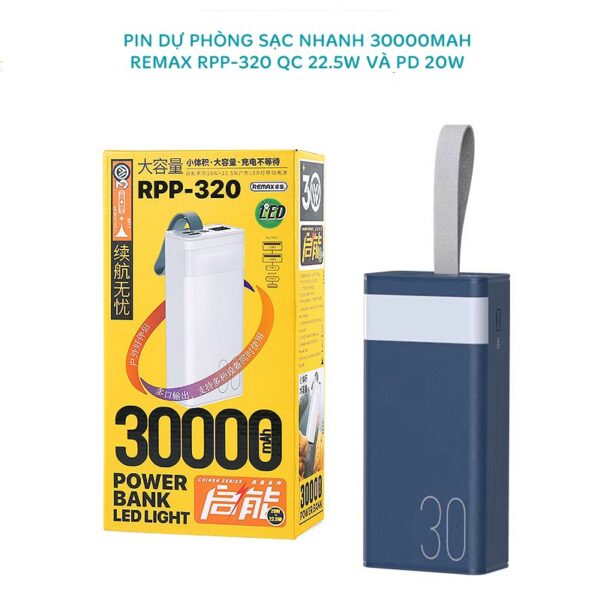 Pin Dự Phòng Dung Lượng 30000mAh Remax RPP-320 Có Đèn Pin - Hỗ Trợ Sạc Nhanh QC 22.5W và PD 20W