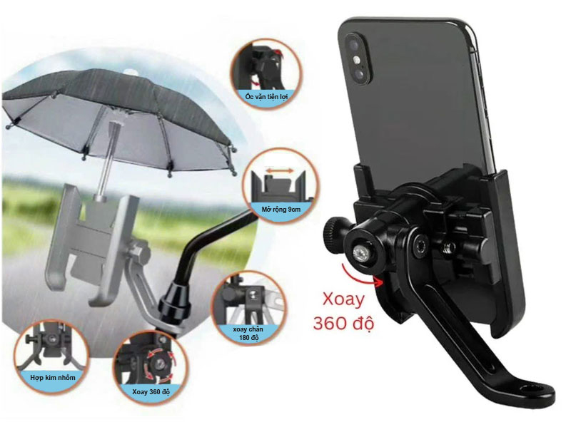 Giá đỡ kẹp điện thoại xe máy kim loại M302 kèm dù mini che năng, che mưa tiện lợi