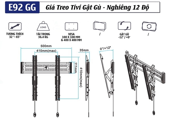 Thông số Giá Treo TV Nghiêng Gật Gù E92-GG 32–65 Inch