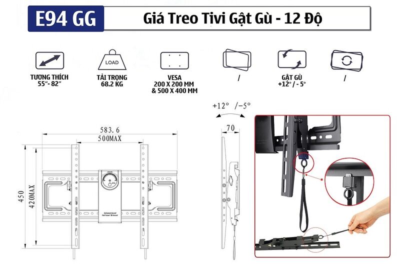 Thông số ký thuật Giá Treo TV Nghiêng Gật Gù ErgoTek E94-GG