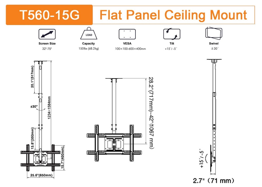Thông số kỹ thuật Giá treo tivi T560-15G dùng cho tivi 32-75 inch