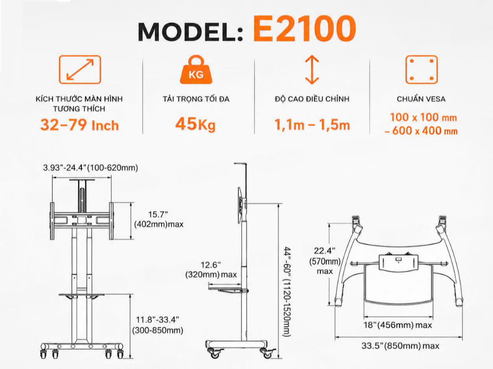 Thông số Giá Treo Tivi Di Động ErgoTek E2100 32–79 Inch