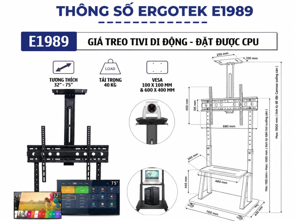 Thông số Giá Treo Tivi Di Động ErgoTek E1989 32–75 Inch