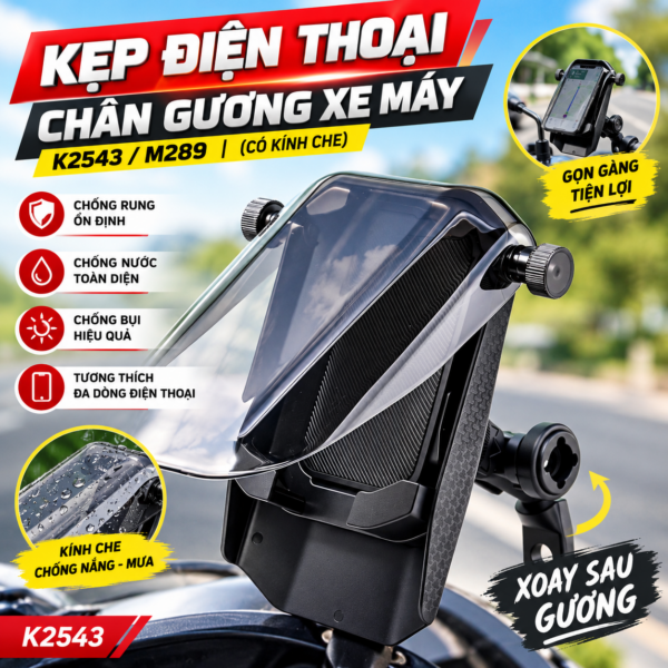 Kẹp Điện Thoại Chân Gương Xe Máy K2543/ M289 (Có Kính Che)